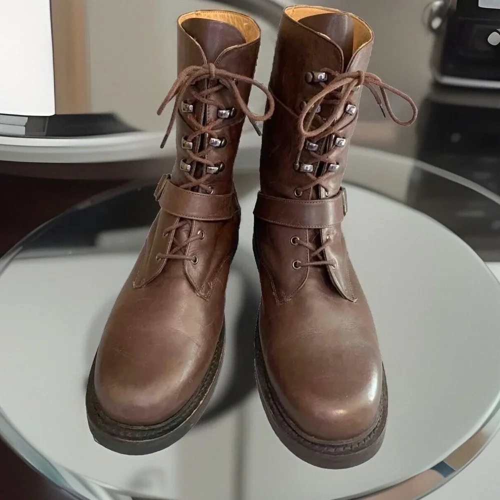 Giraudon‎ New York Combat Boots Mens 40 Brown Leather Buckle Lace Up Brazil Made